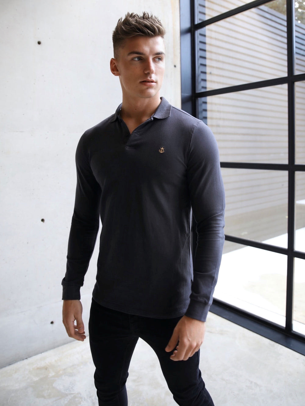 Blakely Harrow Long-Sleeve Polo Shirt Charcoal | GEVHUM960